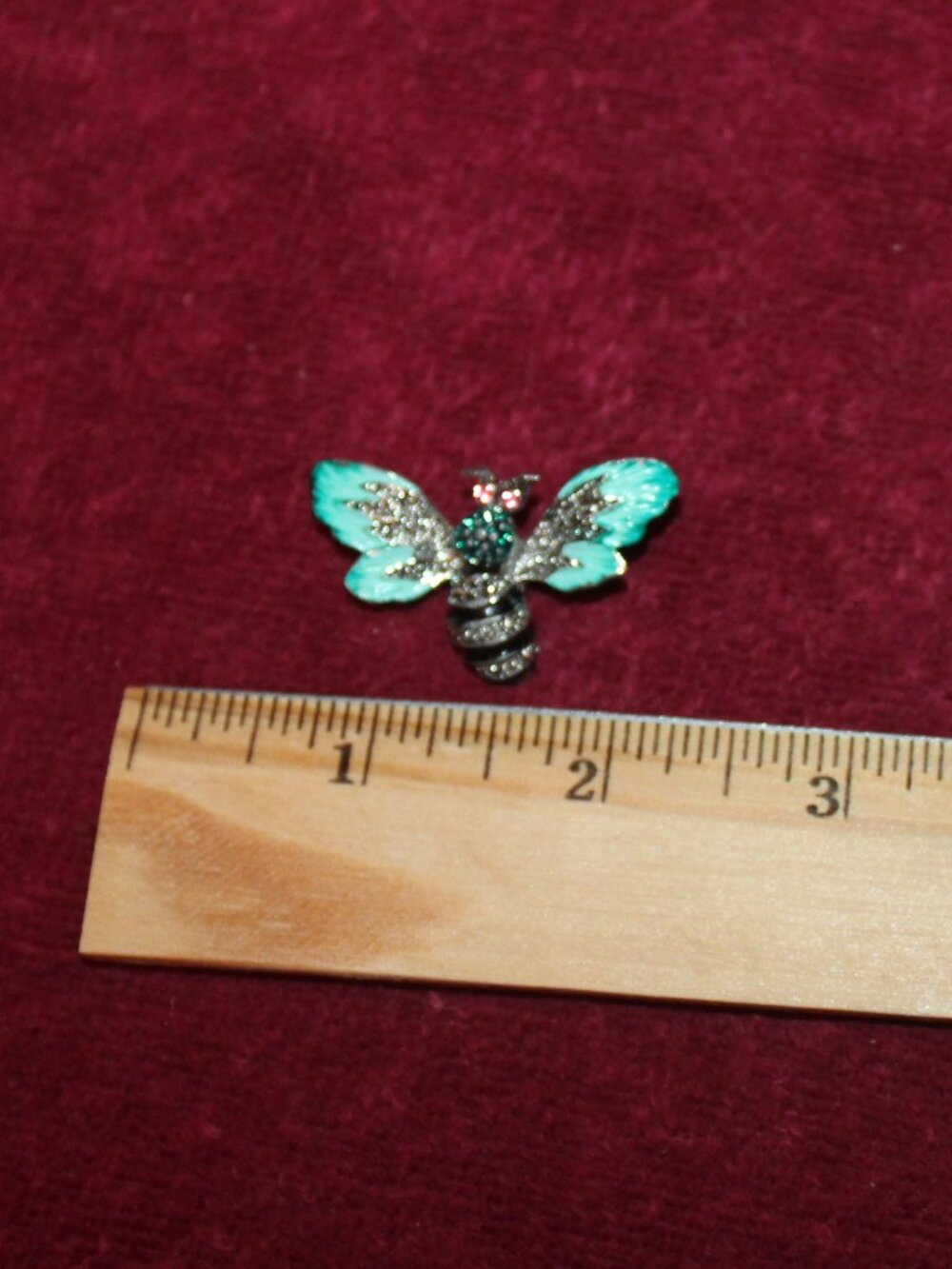 Vintage-style bee brooches w/teal blue enamel wings, rhinestone body details